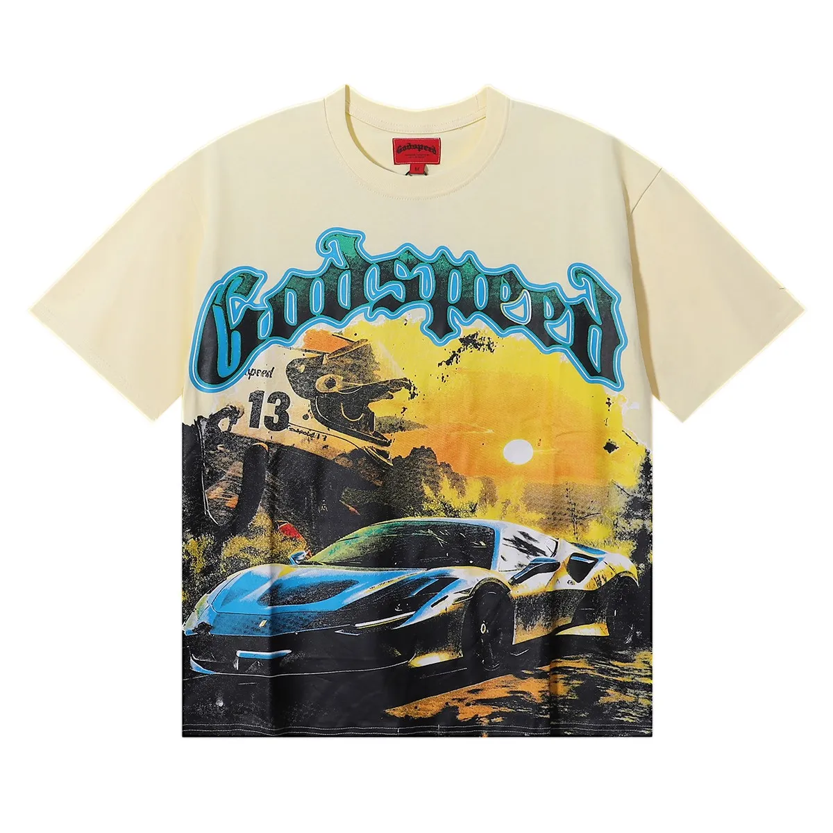 No. 7011, Mechao Godspeed racing sunset print high quality double yarn pure cotton round neck short-sleeved T-shirt batch 110 Color: black, apricot; Size: S M L XL
