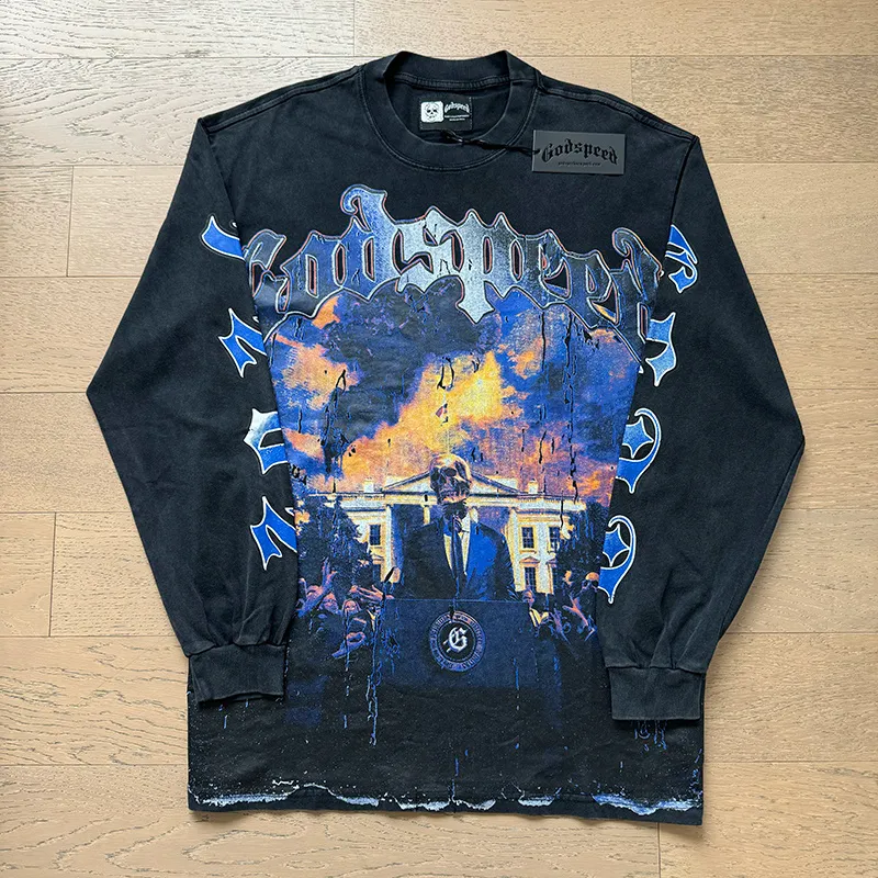 1157# P160 Real shot of Godspeed American fashion street retro washed and distressed pure cotton long T. Fabric: 270g 32 count fine cotton double yarn pure cotton Color: washed black Size: S M L XL