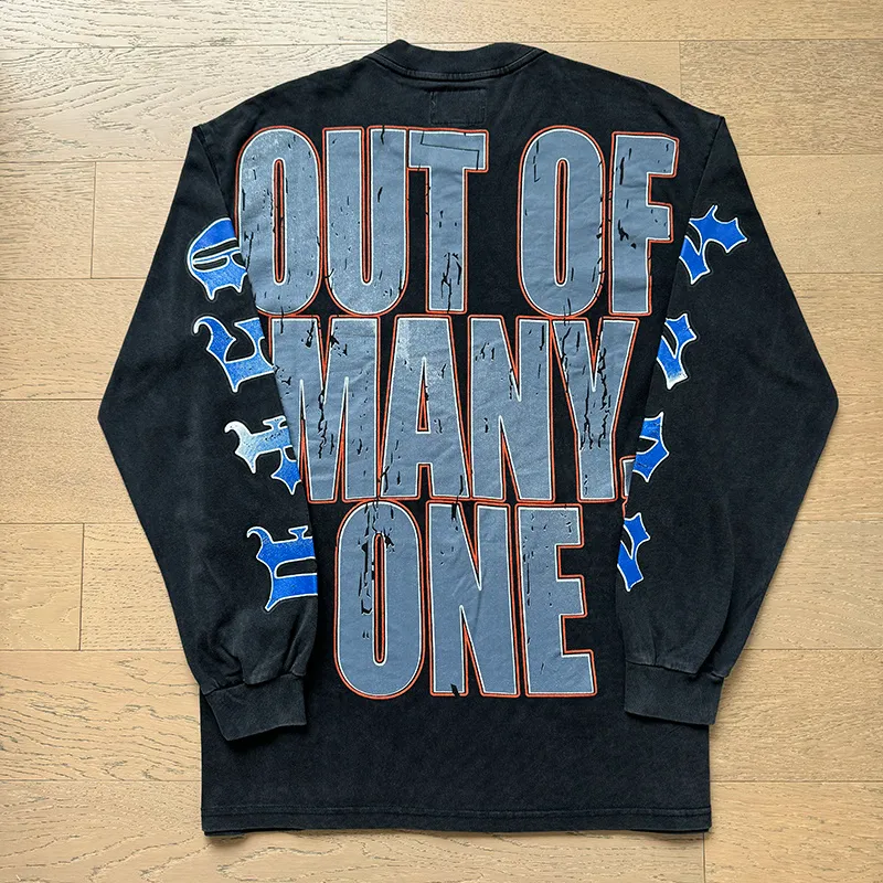 1157# P160 Real shot of Godspeed American fashion street retro washed and distressed pure cotton long T. Fabric: 270g 32 count fine cotton double yarn pure cotton Color: washed black Size: S M L XL