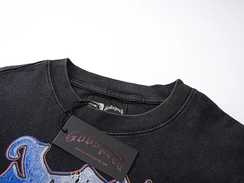 1157# P160 Real shot of Godspeed American fashion street retro washed and distressed pure cotton long T. Fabric: 270g 32 count fine cotton double yarn pure cotton Color: washed black Size: S M L XL
