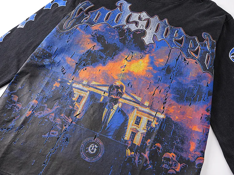 1157# P160 Real shot of Godspeed American fashion street retro washed and distressed pure cotton long T. Fabric: 270g 32 count fine cotton double yarn pure cotton Color: washed black Size: S M L XL