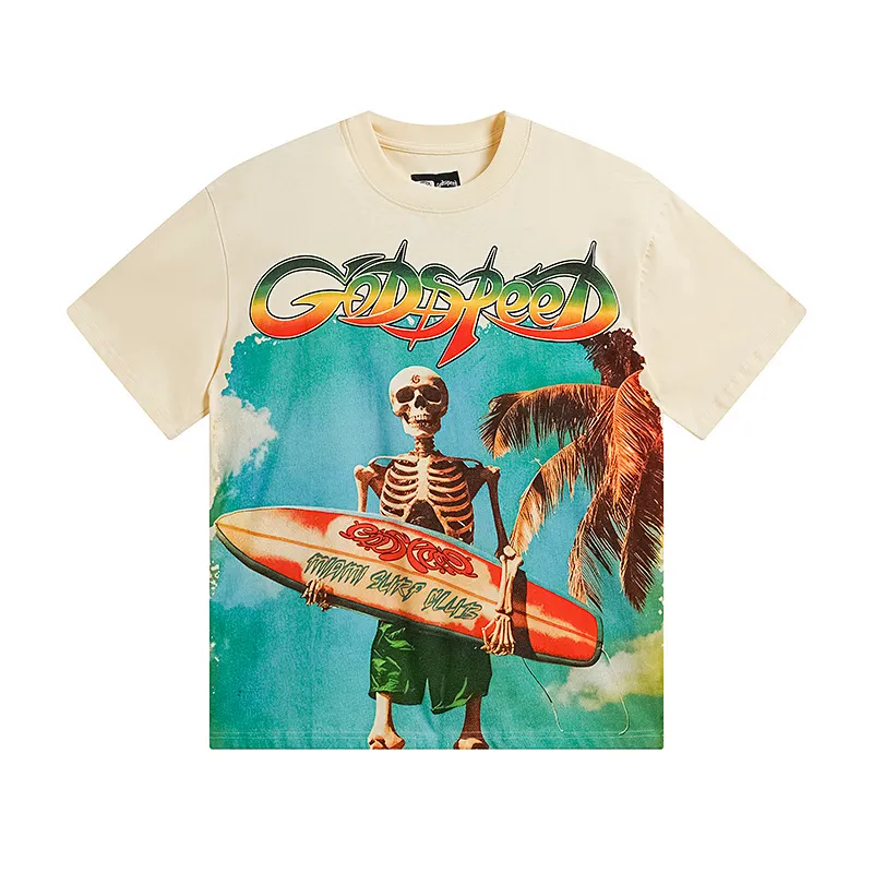 3117# P106 Real shot Godspeed American fashion rock street retro loose printed cotton short sleeves Fabric: 240g 32 count fine cotton double yarn pure cotton Color: apricot white Size: S M L XL