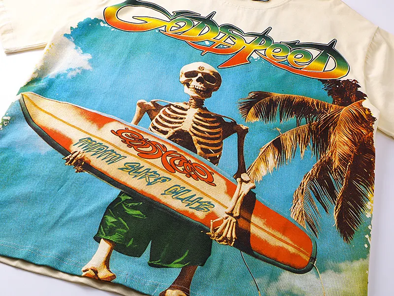 3117# P106 Real shot Godspeed American fashion rock street retro loose printed cotton short sleeves Fabric: 240g 32 count fine cotton double yarn pure cotton Color: apricot white Size: S M L XL