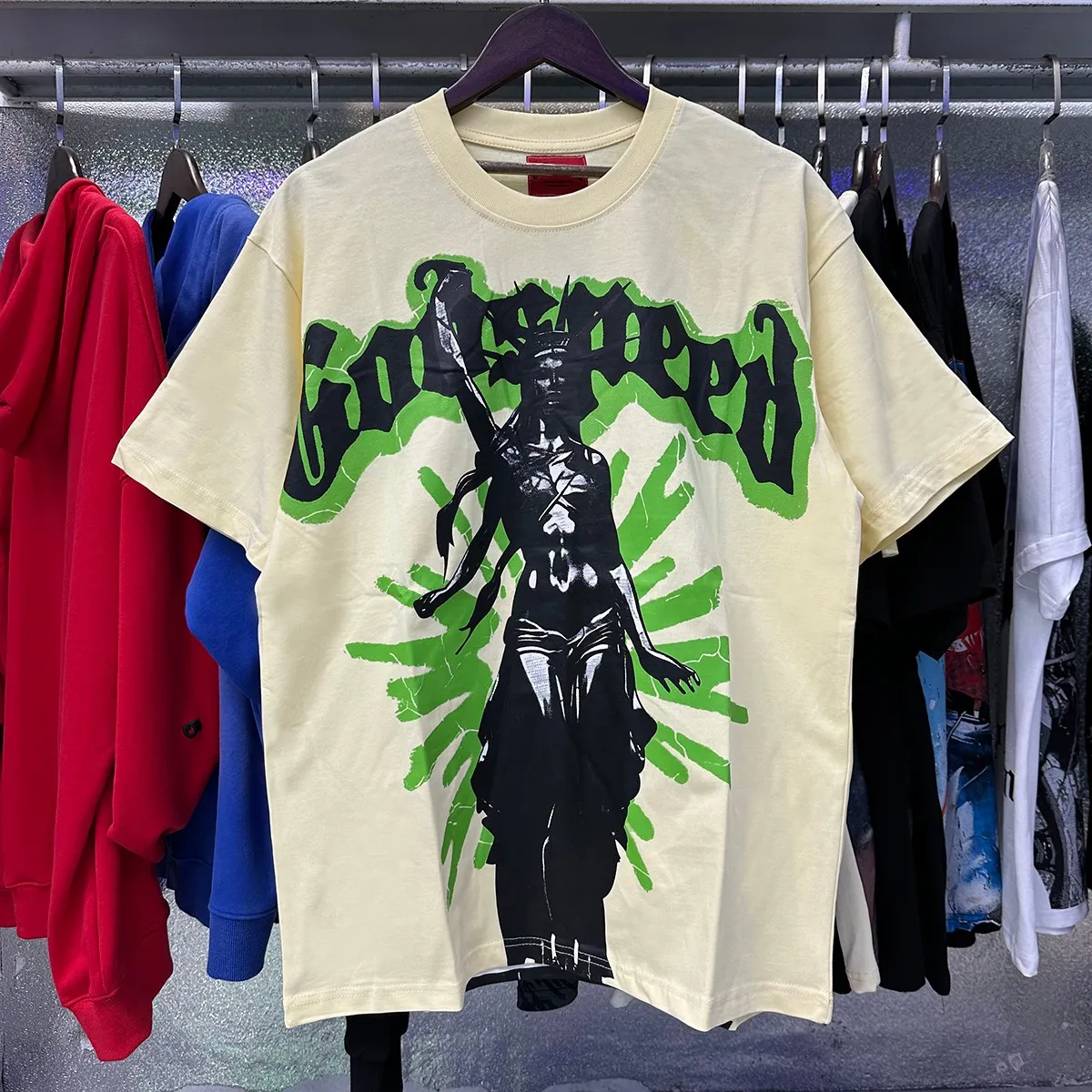 Actual photo, No. 7067, Mechao Godspeed mosaic Statue of Liberty print high quality double yarn pure cotton casual short-sleeved T-shirt batch 110 Color: black, apricot; Size: S M L XL