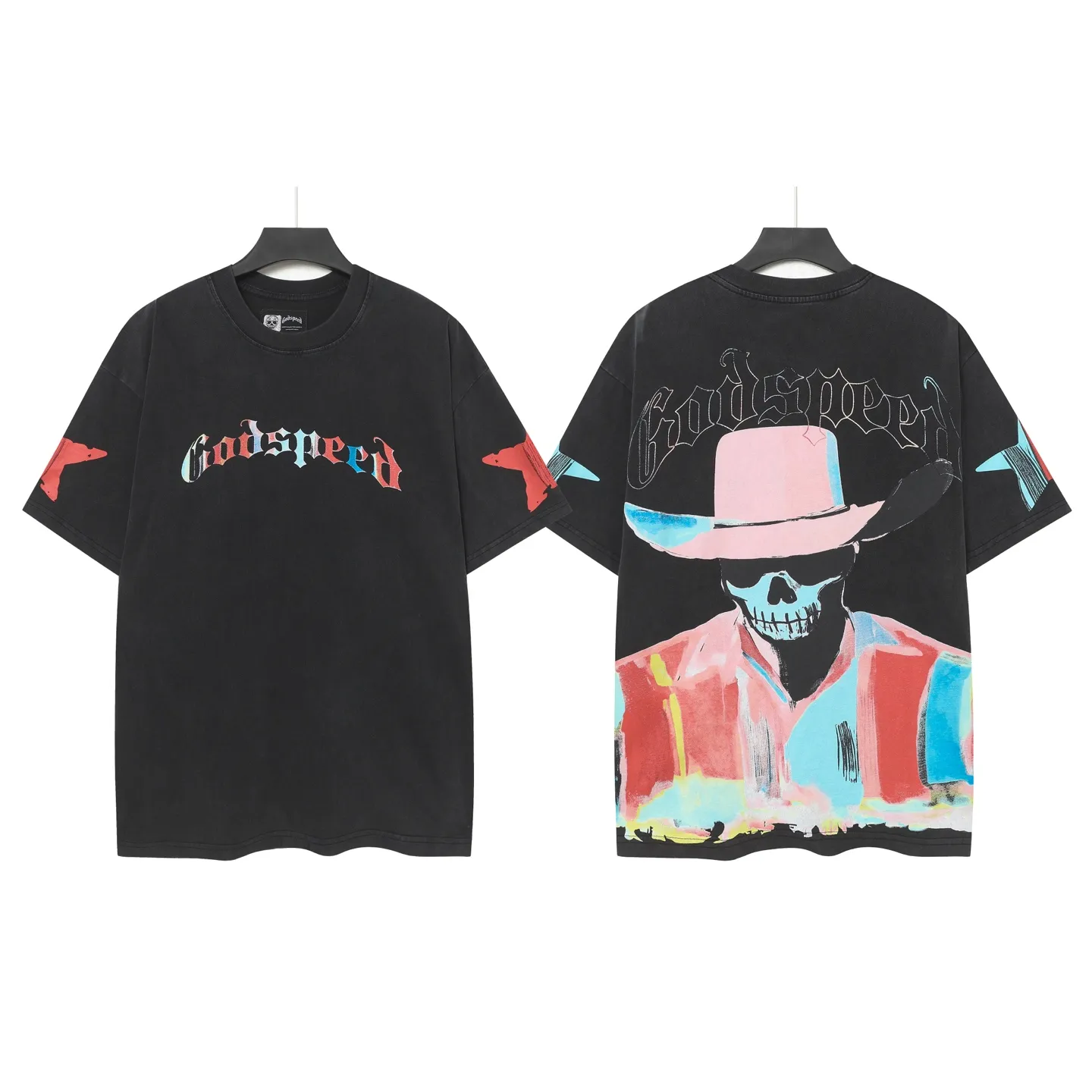 6097#washed black I P116 Godspeed cross-border American rock and roll street washed retro style short-sleeved T (craft printing) fabric (fabric): 32 count combed double yarn 250 grams weight code number (size): S-M-L-XL color (colour): washed black