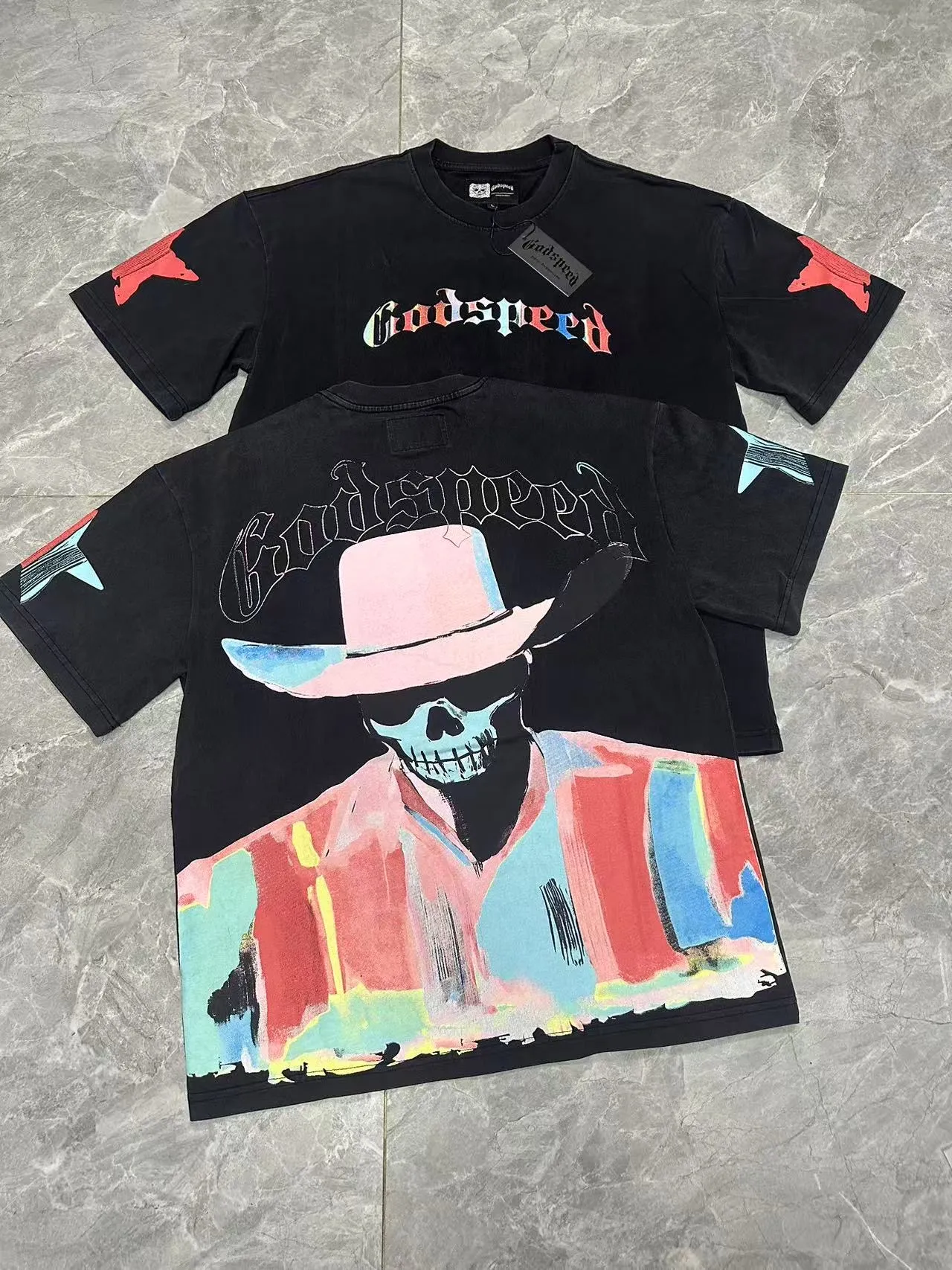 6097#washed black I P116 Godspeed cross-border American rock and roll street washed retro style short-sleeved T (craft printing) fabric (fabric): 32 count combed double yarn 250 grams weight code number (size): S-M-L-XL color (colour): washed black