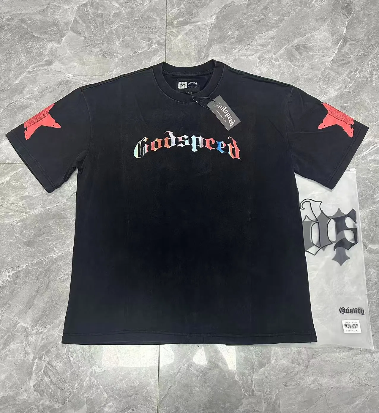 6097#washed black I P116 Godspeed cross-border American rock and roll street washed retro style short-sleeved T (craft printing) fabric (fabric): 32 count combed double yarn 250 grams weight code number (size): S-M-L-XL color (colour): washed black