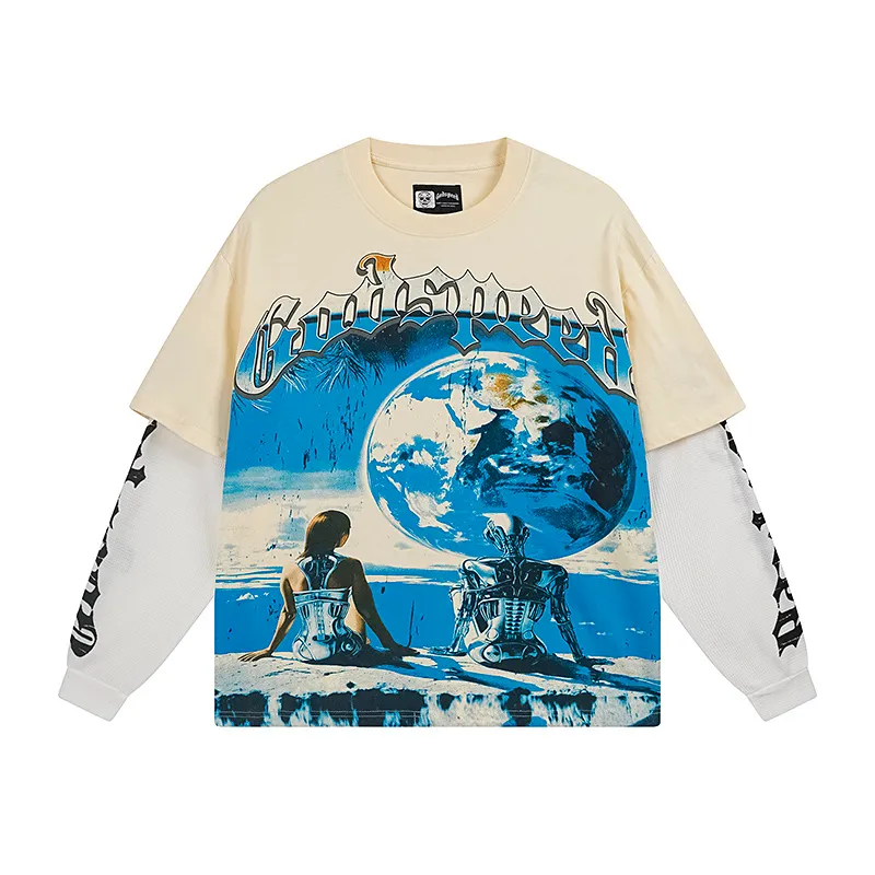 3155# P150 Real shot Godspeed American fashion rock street pure cotton loose fake two-piece long-sleeved T-shirt long T Fabric: 270g 32-count fine cotton double yarn pure cotton Color: Apricot Code number: S M L XL
