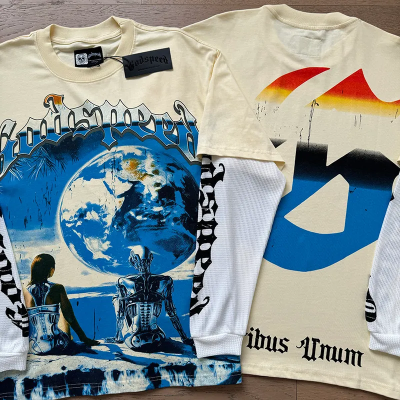 3155# P150 Real shot Godspeed American fashion rock street pure cotton loose fake two-piece long-sleeved T-shirt long T Fabric: 270g 32-count fine cotton double yarn pure cotton Color: Apricot Code number: S M L XL