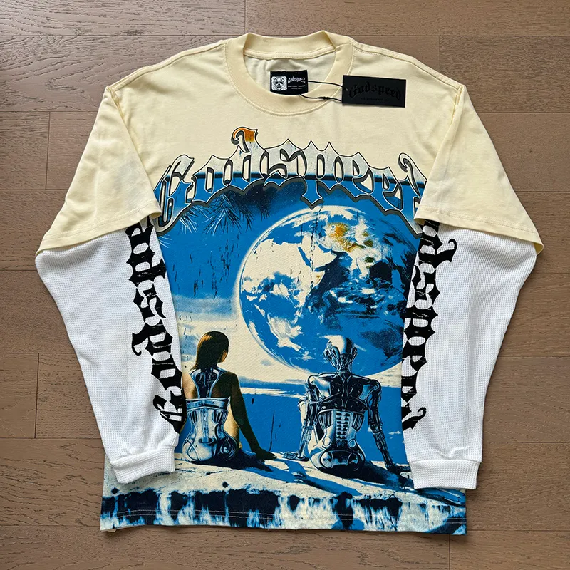 3155# P150 Real shot Godspeed American fashion rock street pure cotton loose fake two-piece long-sleeved T-shirt long T Fabric: 270g 32-count fine cotton double yarn pure cotton Color: Apricot Code number: S M L XL