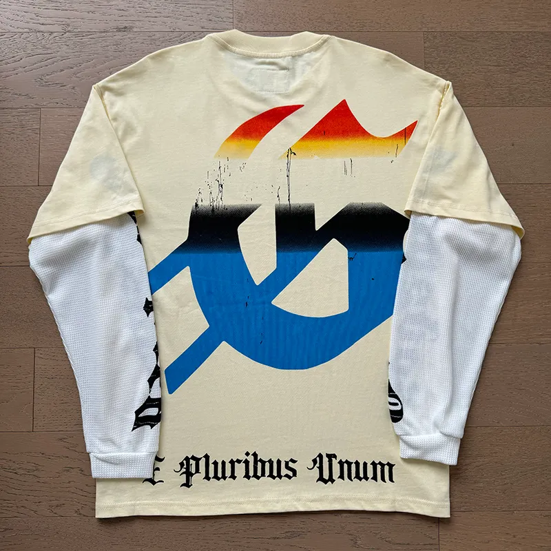 3155# P150 Real shot Godspeed American fashion rock street pure cotton loose fake two-piece long-sleeved T-shirt long T Fabric: 270g 32-count fine cotton double yarn pure cotton Color: Apricot Code number: S M L XL