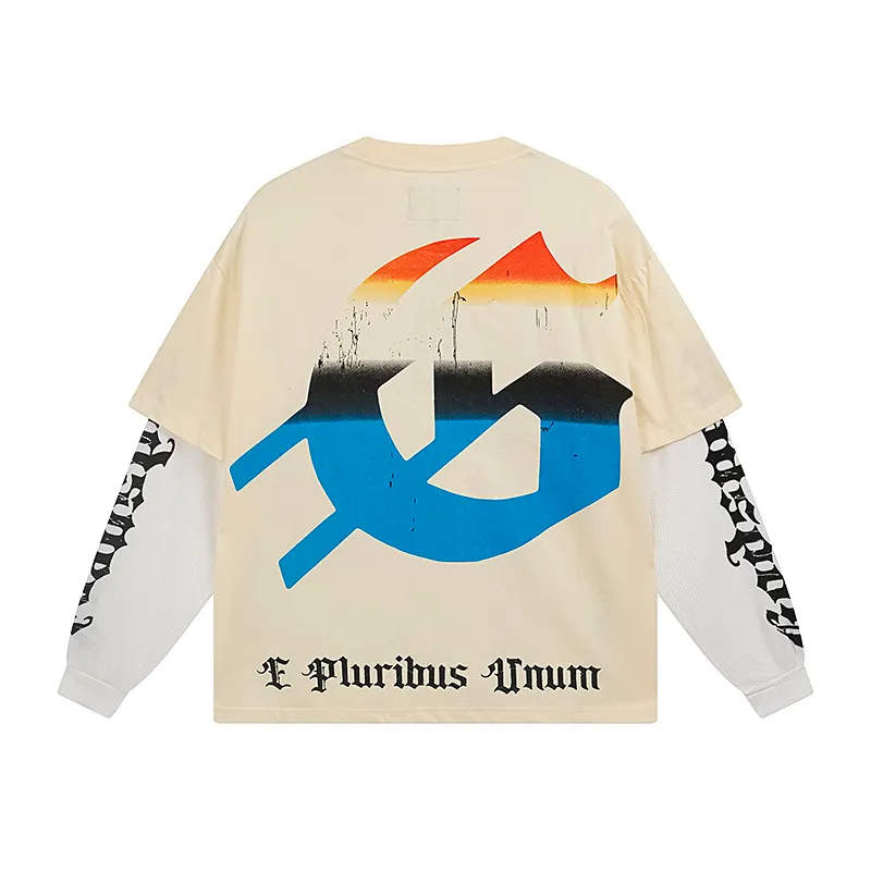 3155# P150 Real shot Godspeed American fashion rock street pure cotton loose fake two-piece long-sleeved T-shirt long T Fabric: 270g 32-count fine cotton double yarn pure cotton Color: Apricot Code number: S M L XL