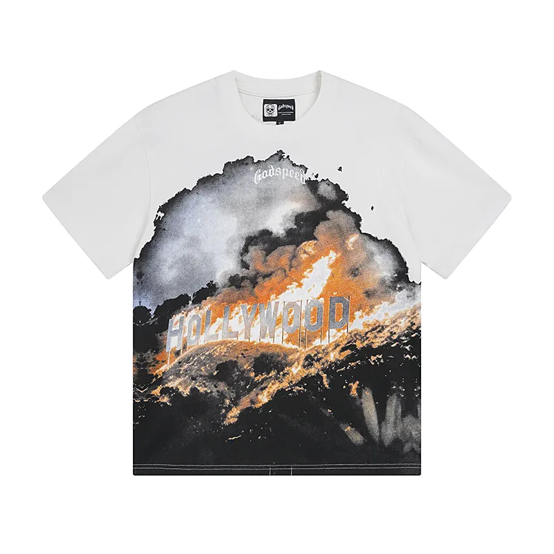 3007# P110 Real shot Godspeed American fashion rock street retro loose printed cotton short sleeves Fabric: 240g 32 count fine cotton double yarn pure cotton Color: off-white Size: S M L XL