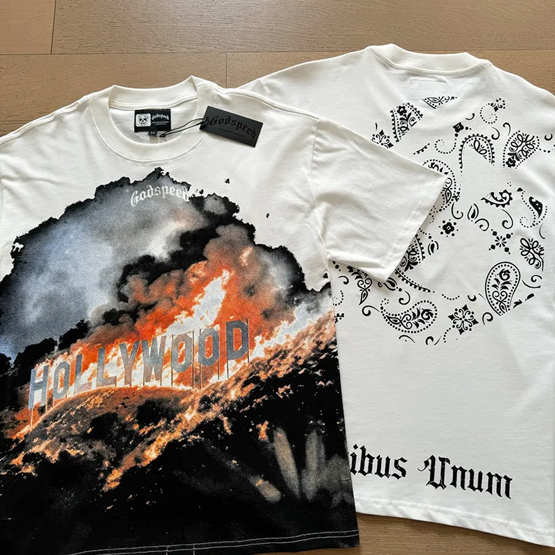 3007# P110 Real shot Godspeed American fashion rock street retro loose printed cotton short sleeves Fabric: 240g 32 count fine cotton double yarn pure cotton Color: off-white Size: S M L XL
