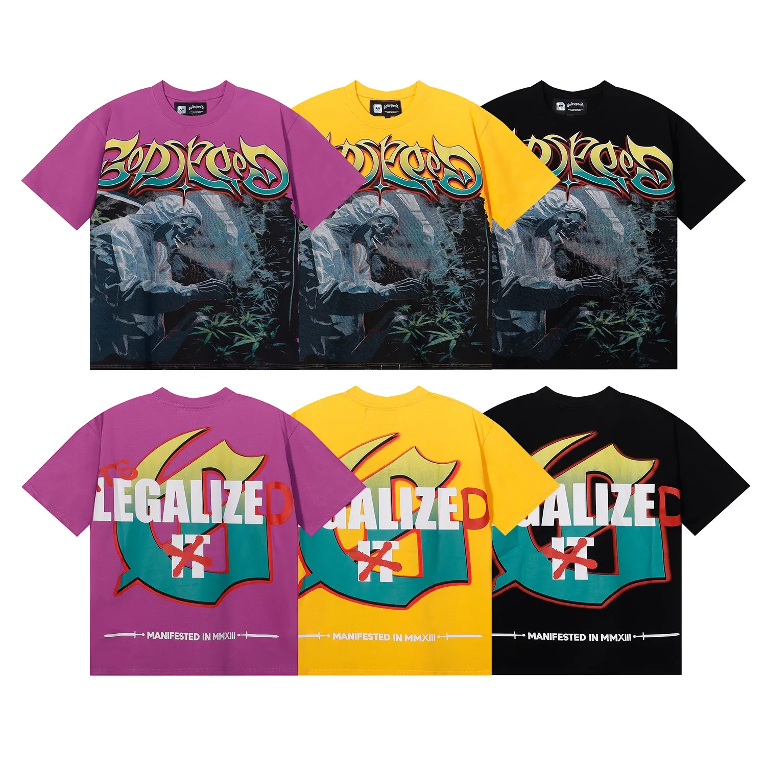 No. 7080, Mechao Godspeed biochemical skull poppy print high quality double yarn pure cotton casual short-sleeved T-shirt batch 110 Color: black, yellow, purple; Size: S M L XL
