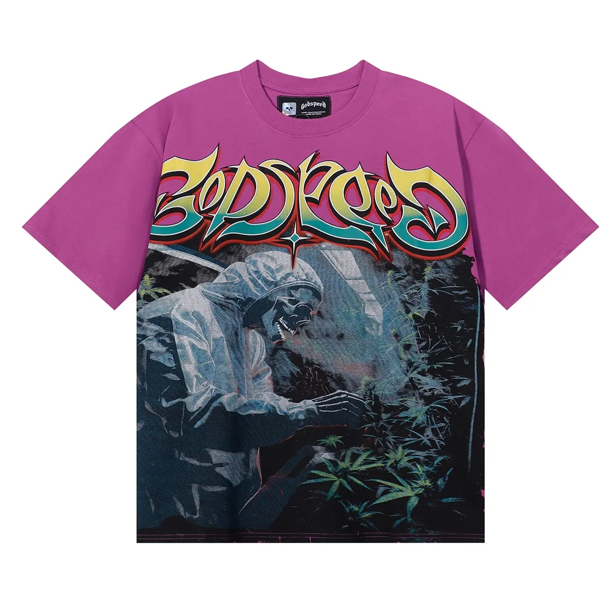 No. 7080, Mechao Godspeed biochemical skull poppy print high quality double yarn pure cotton casual short-sleeved T-shirt batch 110 Color: black, yellow, purple; Size: S M L XL