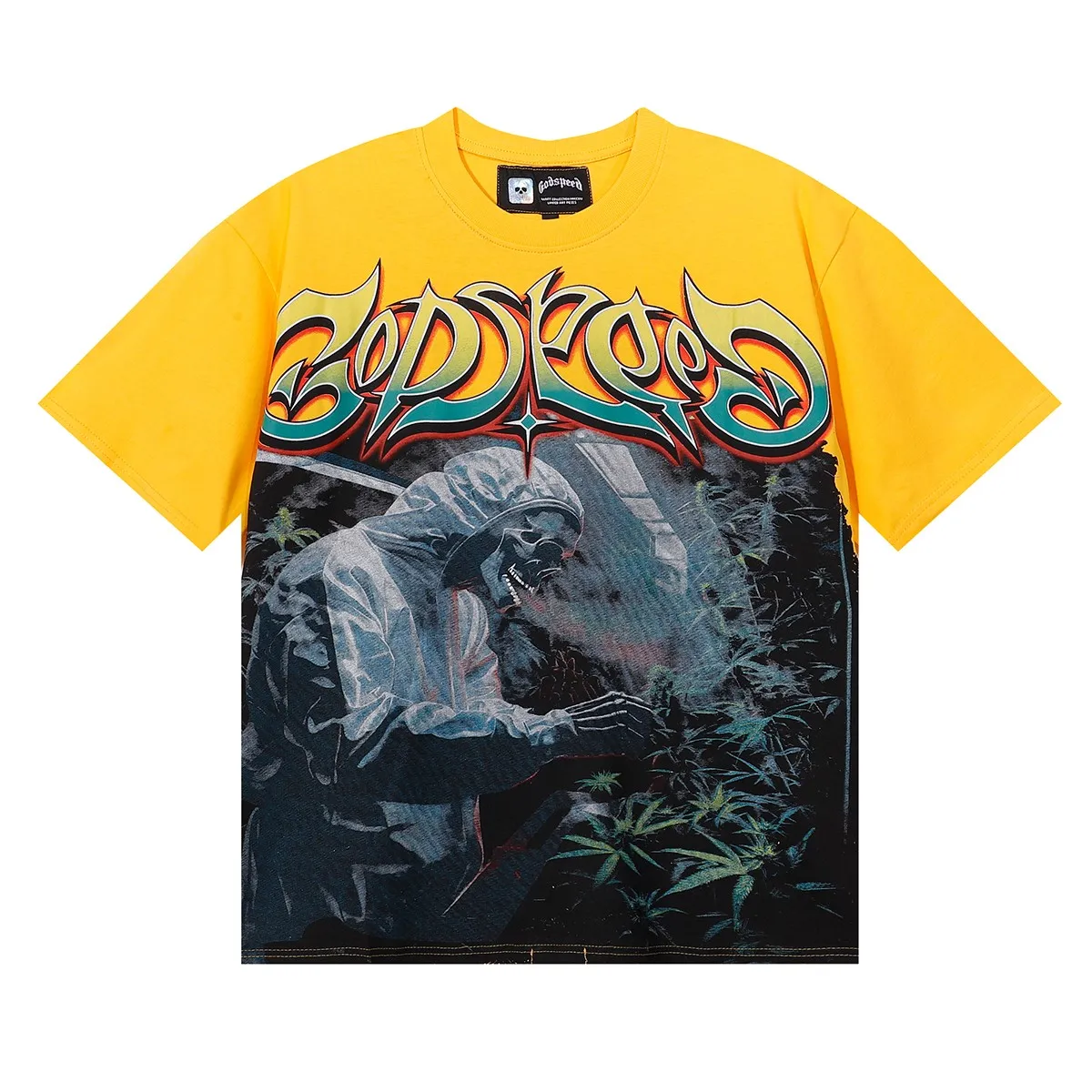 No. 7080, Mechao Godspeed biochemical skull poppy print high quality double yarn pure cotton casual short-sleeved T-shirt batch 110 Color: black, yellow, purple; Size: S M L XL