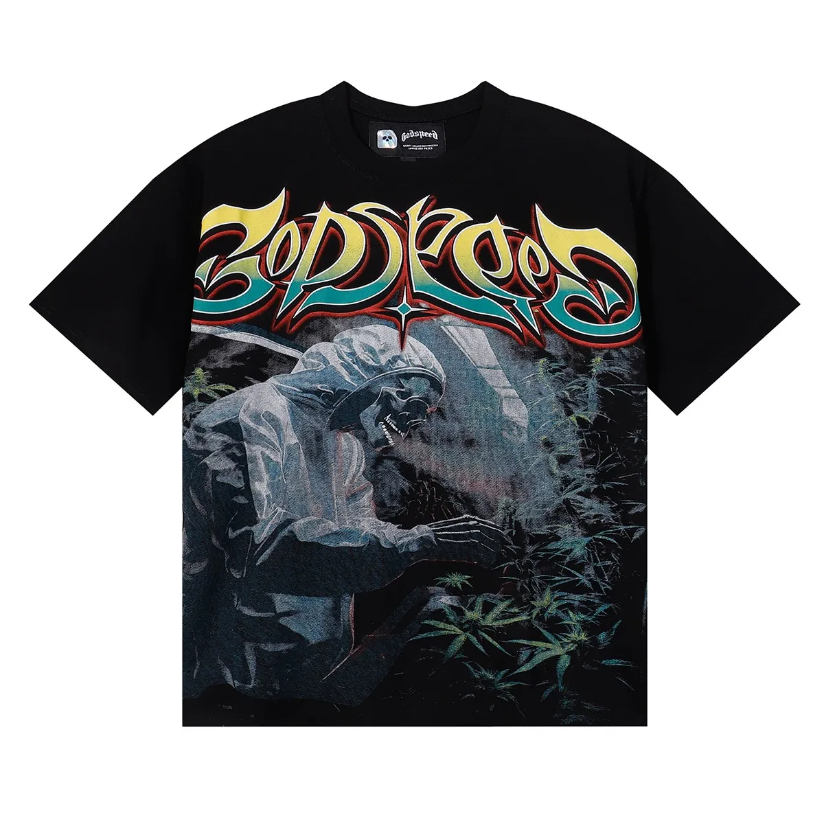 No. 7080, Mechao Godspeed biochemical skull poppy print high quality double yarn pure cotton casual short-sleeved T-shirt batch 110 Color: black, yellow, purple; Size: S M L XL