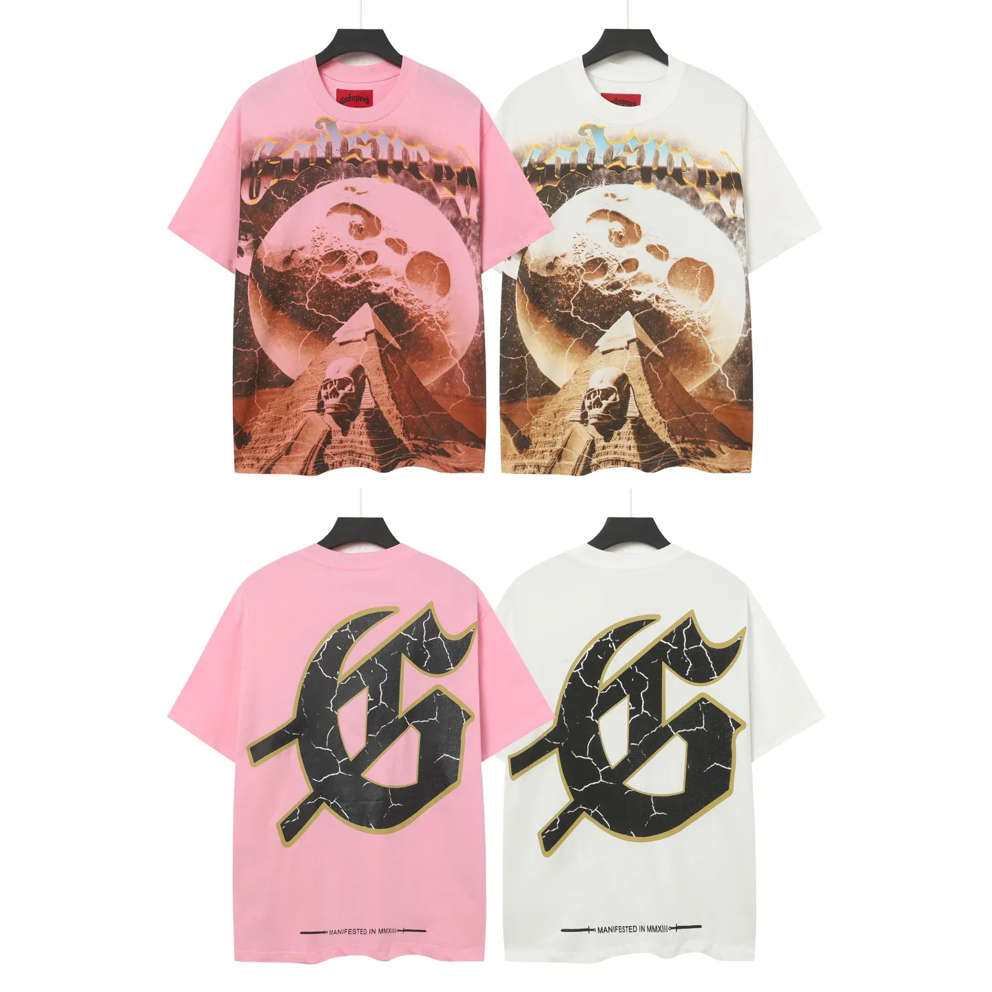 5023#White/Pink｜P104 Godspeed cross-border American rock and roll street washed retro style short-sleeved T (craft printing) fabric (fabric): 32 count combed double yarn 240 grams weight code number (size): S-M-L-XL color (colour): white.pink