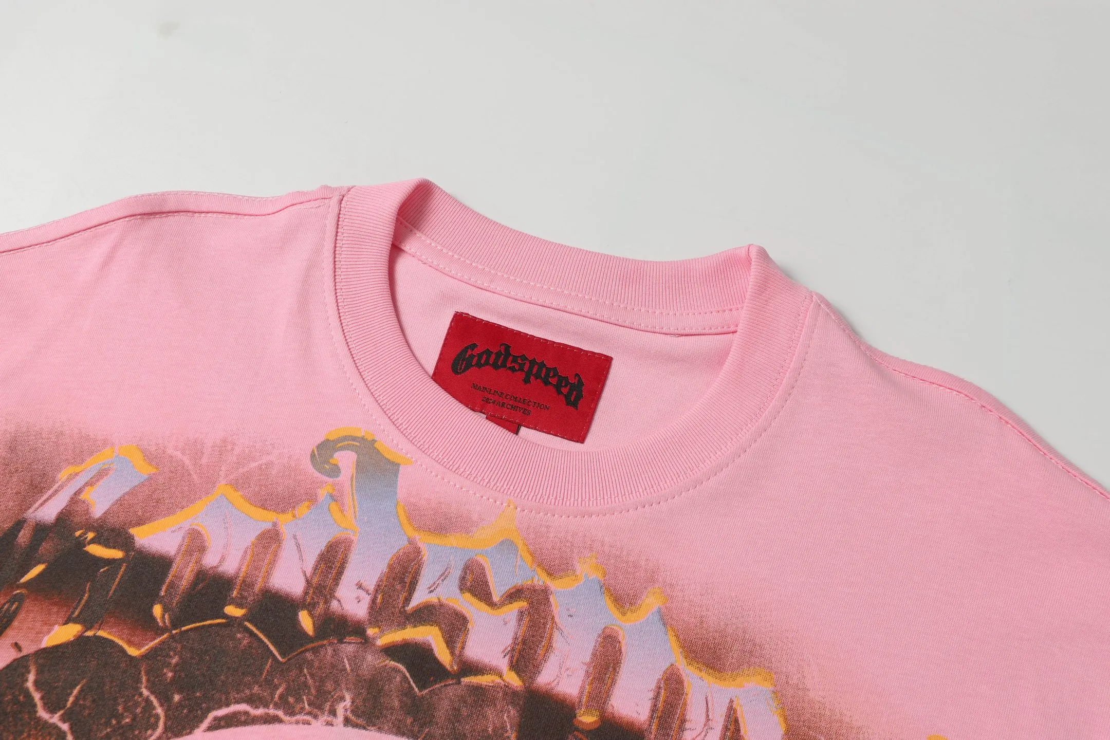 5023#White/Pink｜P104 Godspeed cross-border American rock and roll street washed retro style short-sleeved T (craft printing) fabric (fabric): 32 count combed double yarn 240 grams weight code number (size): S-M-L-XL color (colour): white.pink
