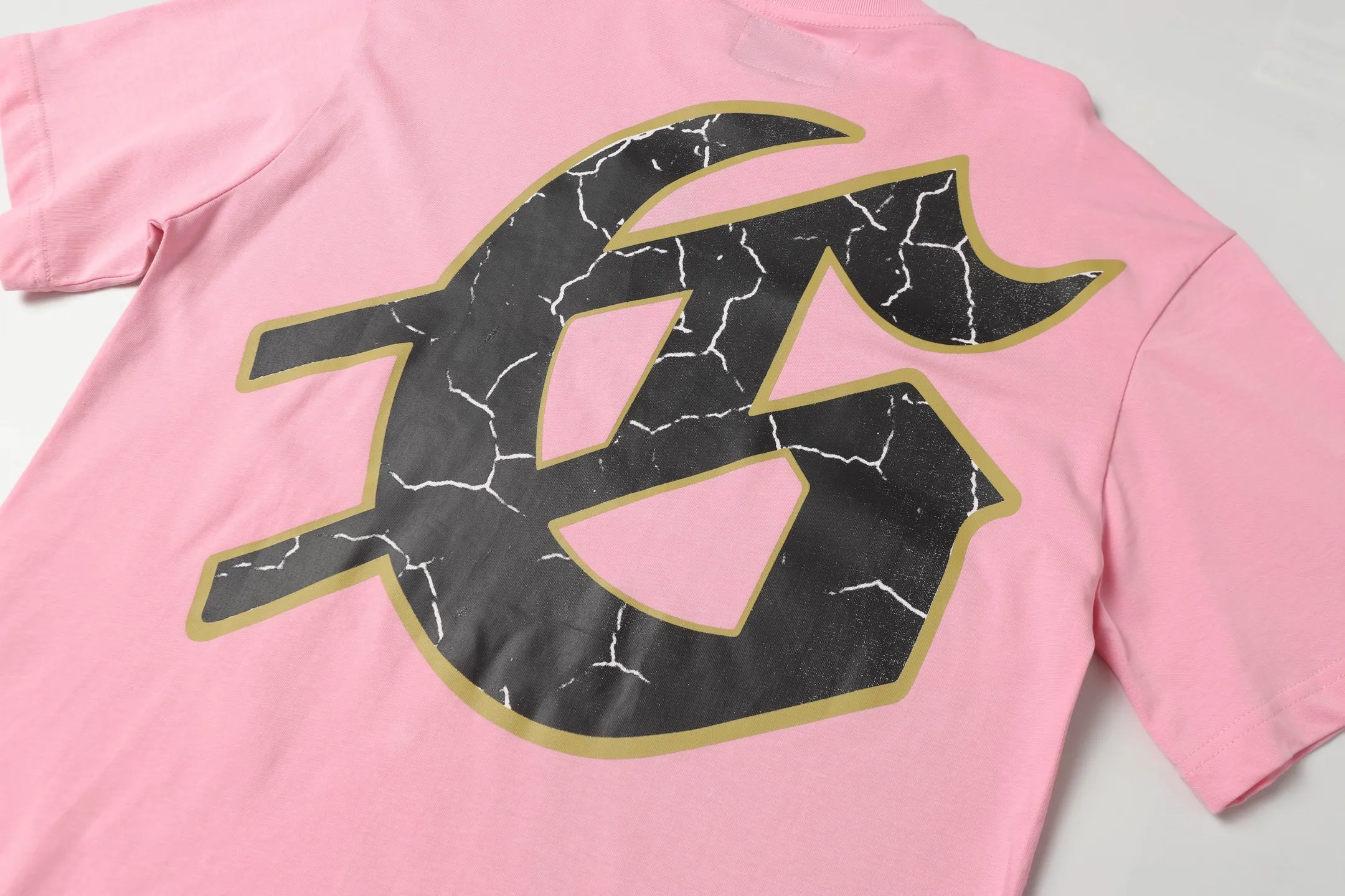 5023#White/Pink｜P104 Godspeed cross-border American rock and roll street washed retro style short-sleeved T (craft printing) fabric (fabric): 32 count combed double yarn 240 grams weight code number (size): S-M-L-XL color (colour): white.pink