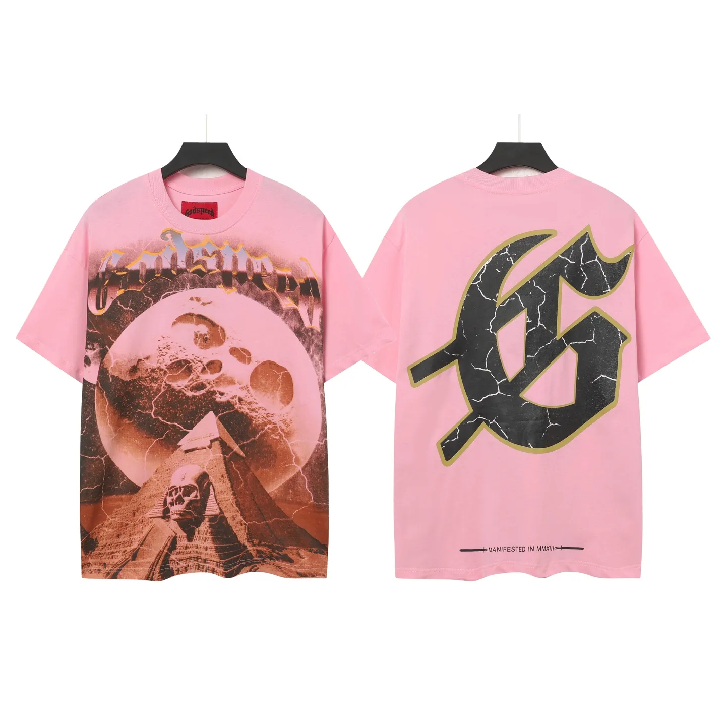 5023#White/Pink｜P104 Godspeed cross-border American rock and roll street washed retro style short-sleeved T (craft printing) fabric (fabric): 32 count combed double yarn 240 grams weight code number (size): S-M-L-XL color (colour): white.pink