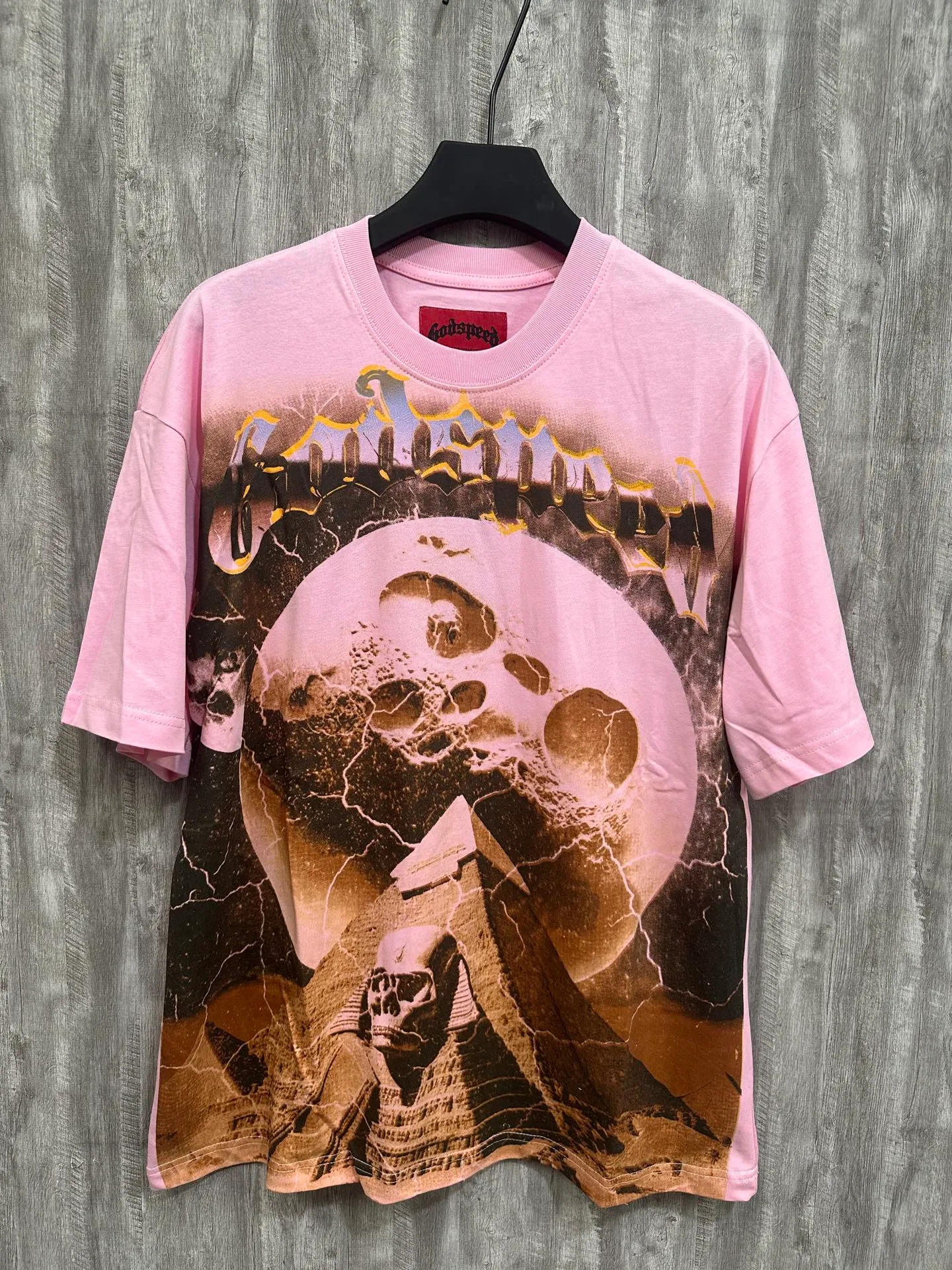 5023#White/Pink｜P104 Godspeed cross-border American rock and roll street washed retro style short-sleeved T (craft printing) fabric (fabric): 32 count combed double yarn 240 grams weight code number (size): S-M-L-XL color (colour): white.pink