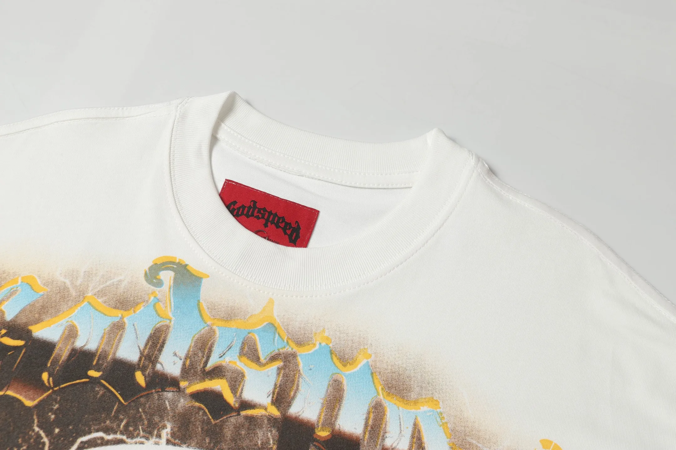 5023#White/Pink｜P104 Godspeed cross-border American rock and roll street washed retro style short-sleeved T (craft printing) fabric (fabric): 32 count combed double yarn 240 grams weight code number (size): S-M-L-XL color (colour): white.pink