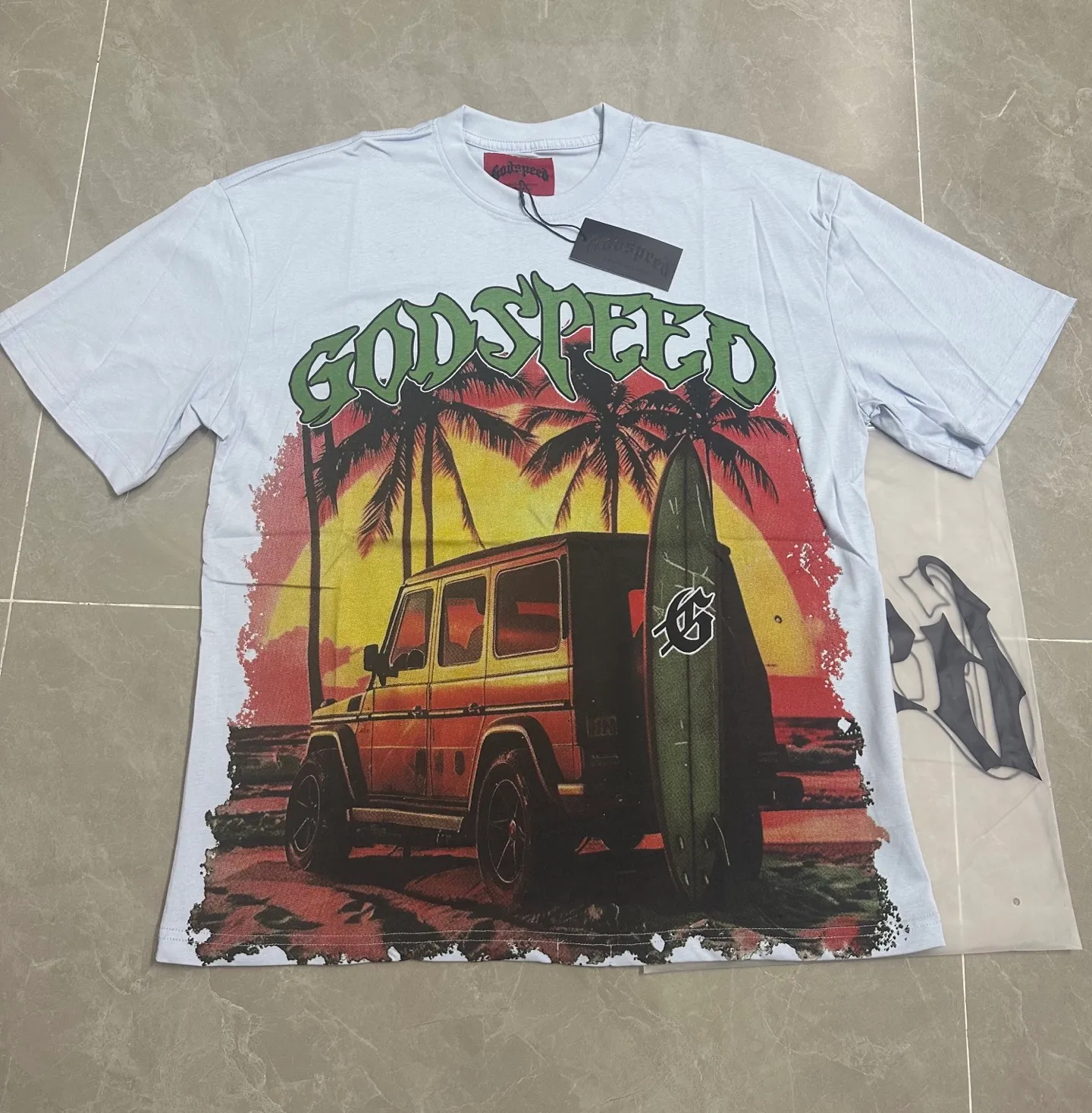 5072# Ice Blue P104 Colored Godspeed cross-border American rock and roll street wash retro style short-sleeved T (craft printing) fabric (fabric) 32 counts combed double yarn 240 grams weight code number (size): S-M-L-XL color (colour): light blue