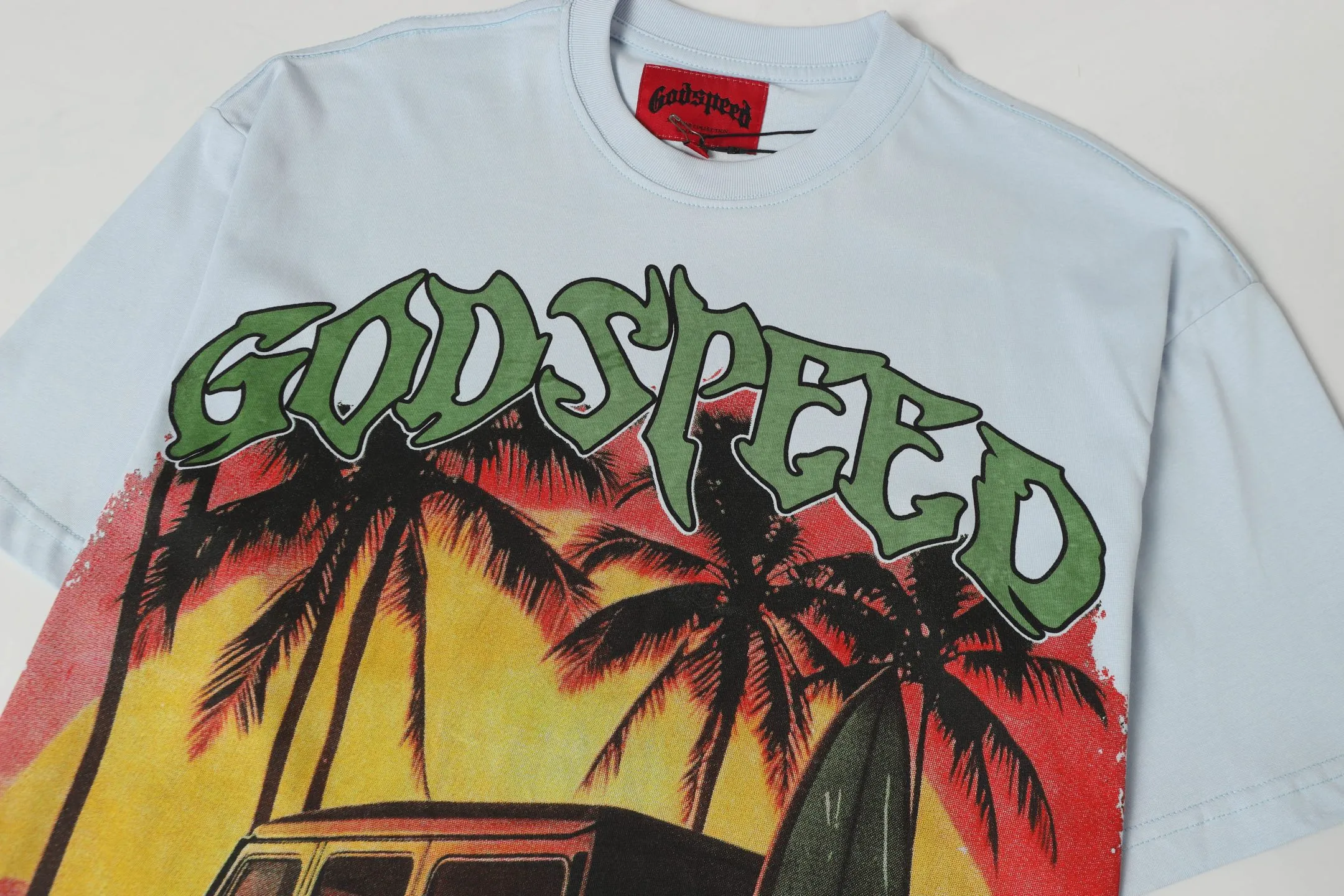 5072# Ice Blue P104 Colored Godspeed cross-border American rock and roll street wash retro style short-sleeved T (craft printing) fabric (fabric) 32 counts combed double yarn 240 grams weight code number (size): S-M-L-XL color (colour): light blue