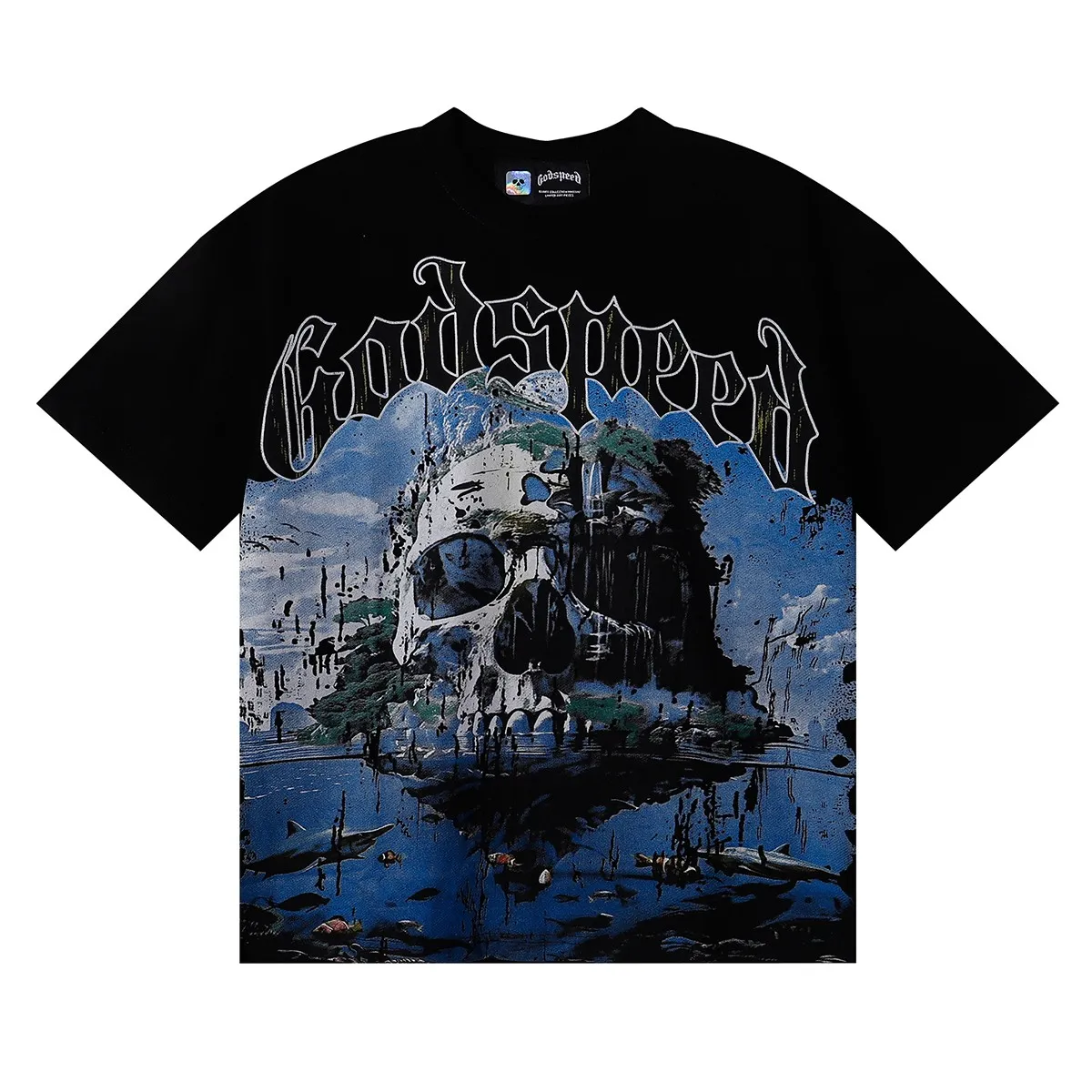 No. 7065, Mechao Godspeed skull landscape scenery printed high-quality double yarn pure cotton casual short-sleeved T-shirt batch 110 Color: black, white, colorful blue; Size: S M L XL