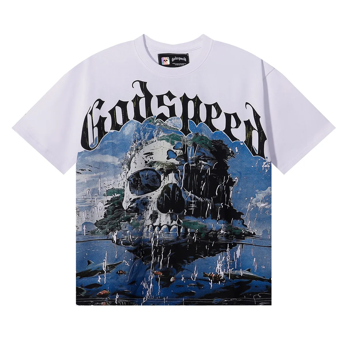No. 7065, Mechao Godspeed skull landscape scenery printed high-quality double yarn pure cotton casual short-sleeved T-shirt batch 110 Color: black, white, colorful blue; Size: S M L XL