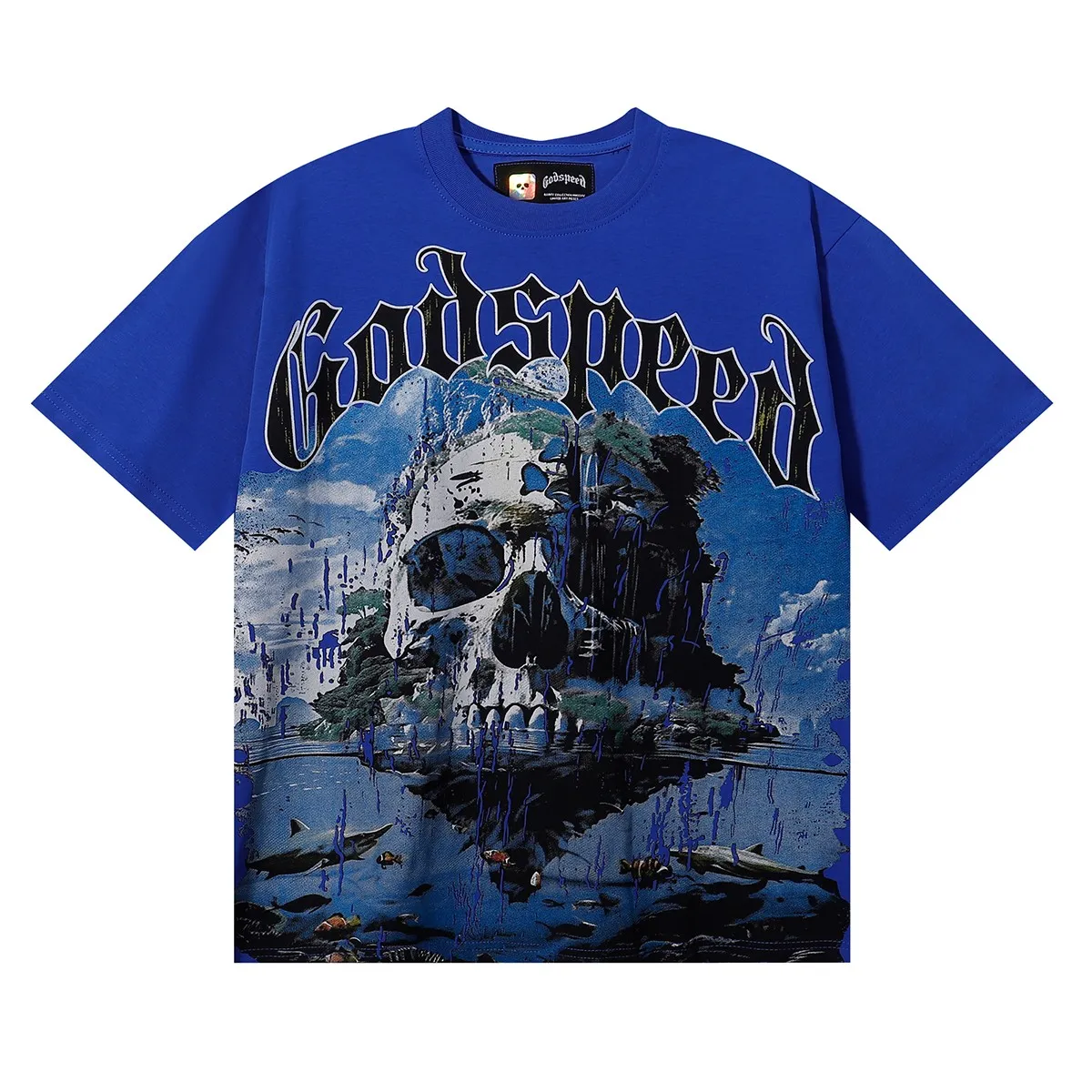 No. 7065, Mechao Godspeed skull landscape scenery printed high-quality double yarn pure cotton casual short-sleeved T-shirt batch 110 Color: black, white, colorful blue; Size: S M L XL