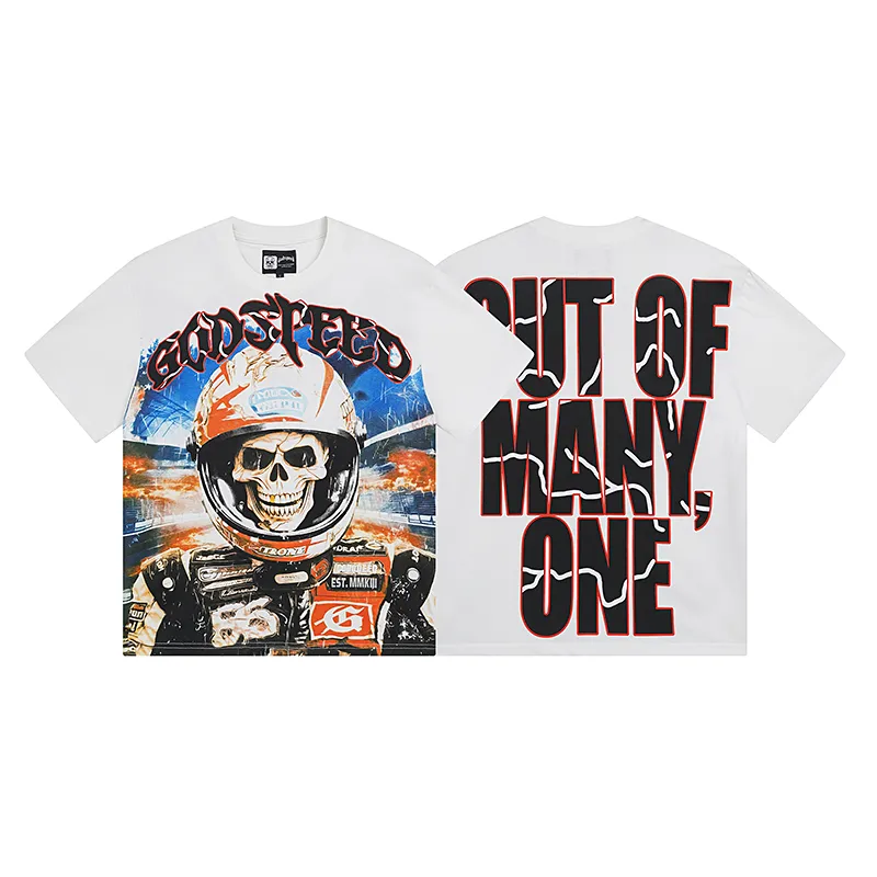 3012# P110 Real shot Godspeed American fashion rock street retro loose printed cotton short sleeves Fabric: 240g 32 count fine cotton double yarn pure cotton Color: off-white Size: S M L XL