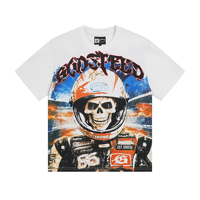 3012# P110 Real shot Godspeed American fashion rock street retro loose printed cotton short sleeves Fabric: 240g 32 count fine cotton double yarn pure cotton Color: off-white Size: S M L XL