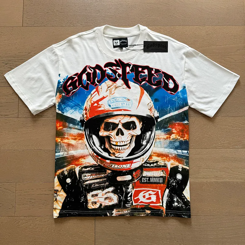 3012# P110 Real shot Godspeed American fashion rock street retro loose printed cotton short sleeves Fabric: 240g 32 count fine cotton double yarn pure cotton Color: off-white Size: S M L XL