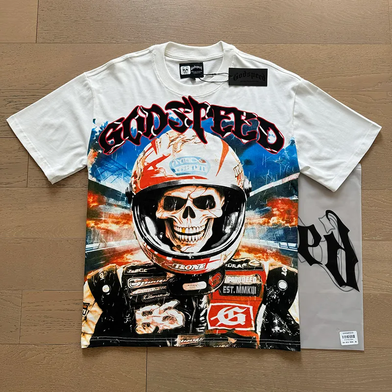 3012# P110 Real shot Godspeed American fashion rock street retro loose printed cotton short sleeves Fabric: 240g 32 count fine cotton double yarn pure cotton Color: off-white Size: S M L XL