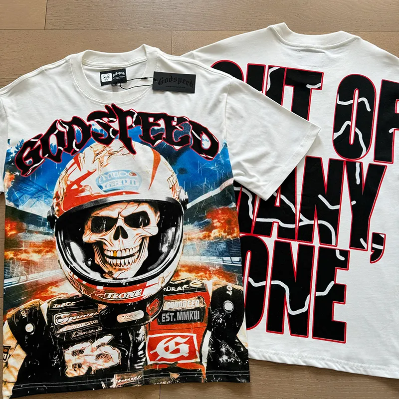 3012# P110 Real shot Godspeed American fashion rock street retro loose printed cotton short sleeves Fabric: 240g 32 count fine cotton double yarn pure cotton Color: off-white Size: S M L XL
