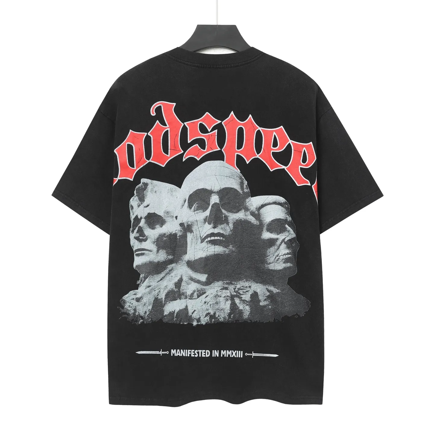 6033# washed black｜P116 Godspeed cross-border American rock and roll street washed retro style short-sleeved T (craft printing) fabric (fabric): 32 count combed double yarn 250 grams weight code (size): S-M-L-XL color (colour): washed black 👉