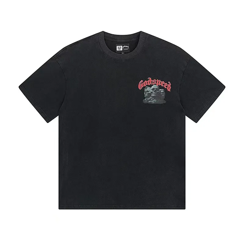 6033# washed black｜P116 Godspeed cross-border American rock and roll street washed retro style short-sleeved T (craft printing) fabric (fabric): 32 count combed double yarn 250 grams weight code (size): S-M-L-XL color (colour): washed black 👉