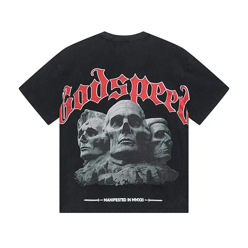 6033# washed black｜P116 Godspeed cross-border American rock and roll street washed retro style short-sleeved T (craft printing) fabric (fabric): 32 count combed double yarn 250 grams weight code (size): S-M-L-XL color (colour): washed black 👉