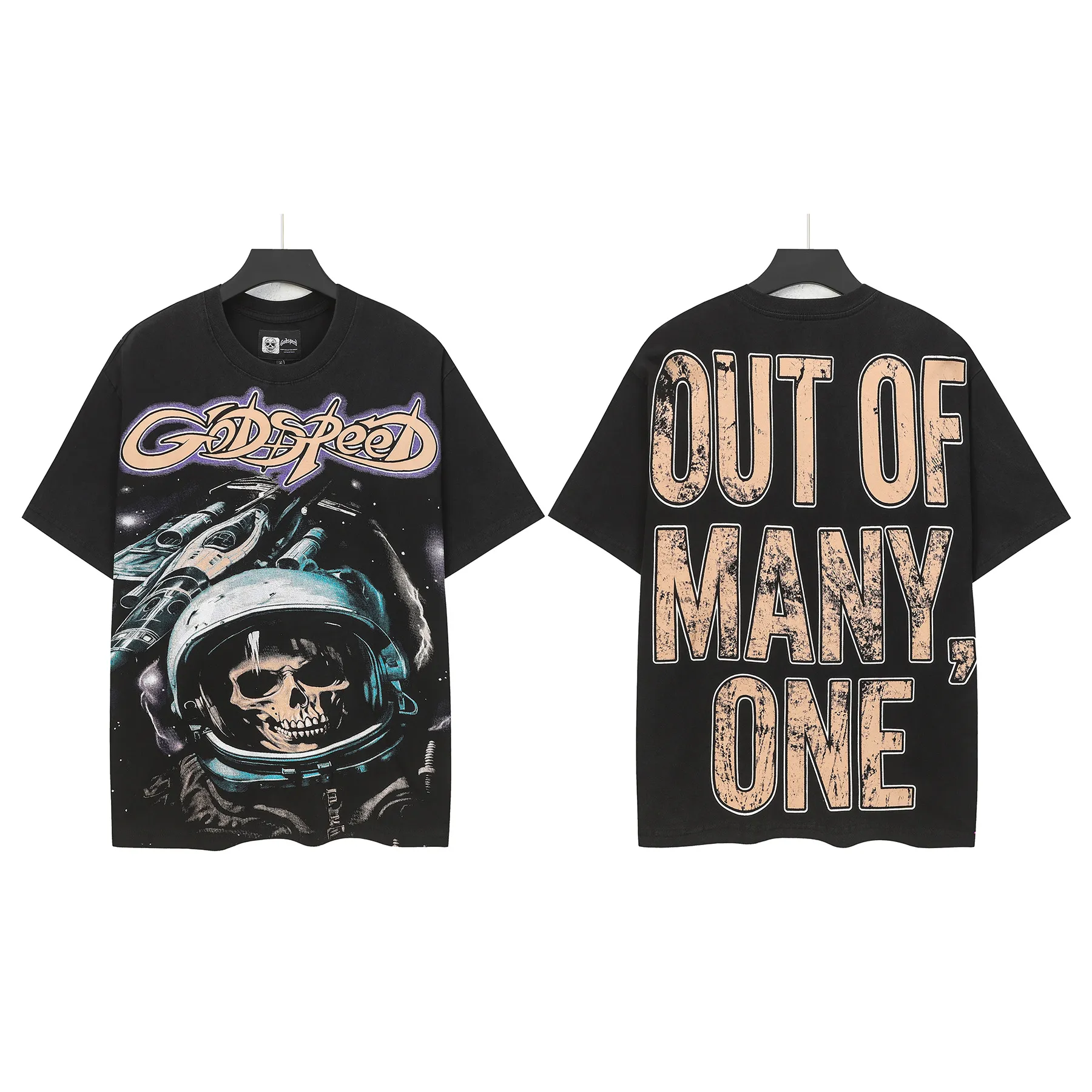 6112#washed black I P116 Godspeed cross-border American rock and roll street washed retro style short-sleeved T (craft printing) fabric (fabric): 32 count combed double yarn 250 grams weight code number (size): S-M-L-XL color (colour): washed black