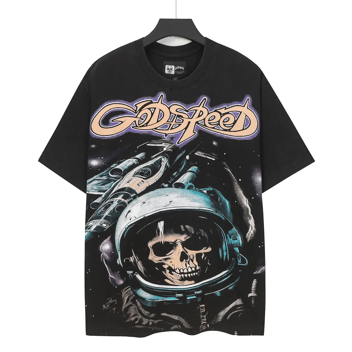 6112#washed black I P116 Godspeed cross-border American rock and roll street washed retro style short-sleeved T (craft printing) fabric (fabric): 32 count combed double yarn 250 grams weight code number (size): S-M-L-XL color (colour): washed black