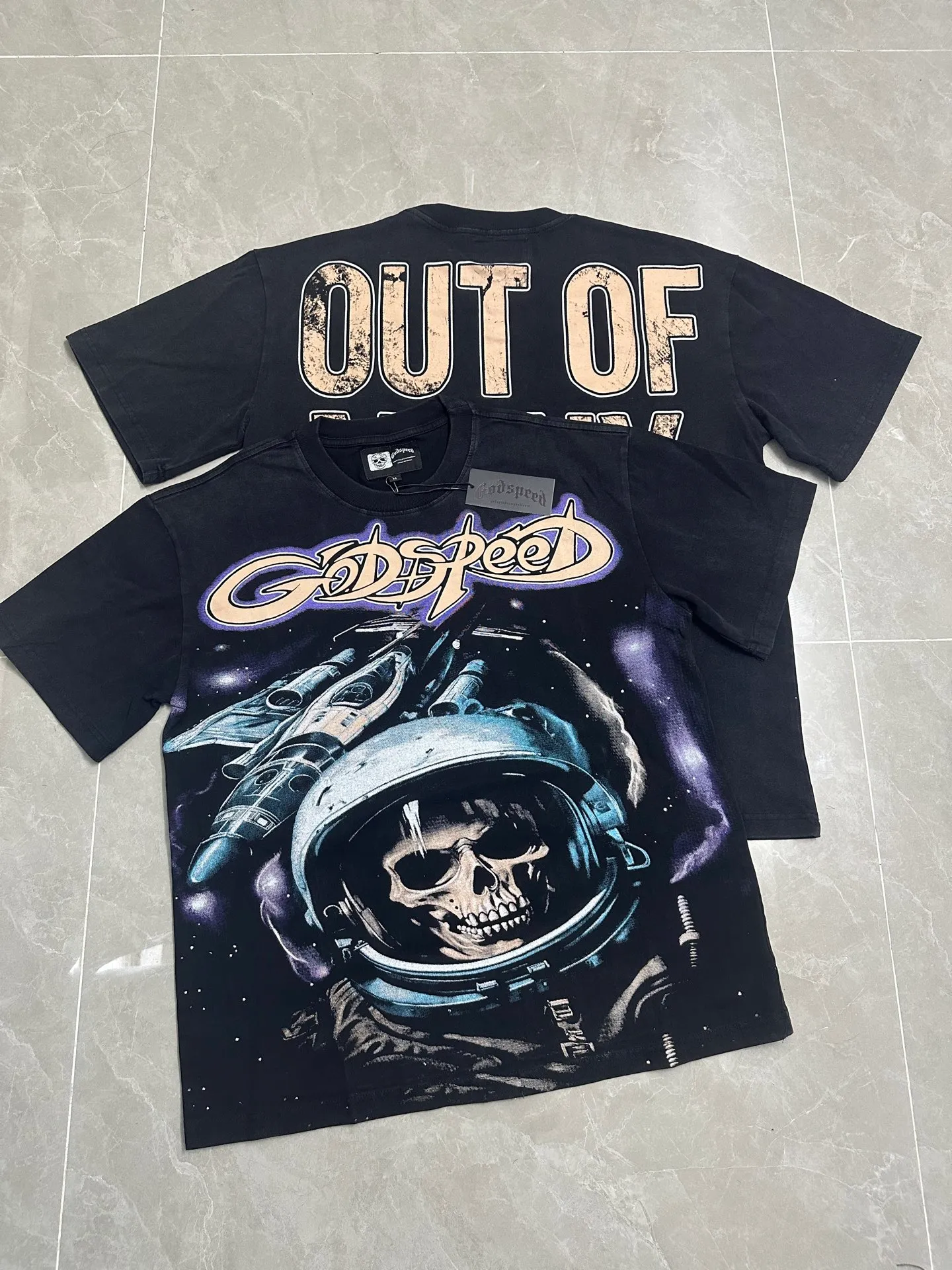 6112#washed black I P116 Godspeed cross-border American rock and roll street washed retro style short-sleeved T (craft printing) fabric (fabric): 32 count combed double yarn 250 grams weight code number (size): S-M-L-XL color (colour): washed black
