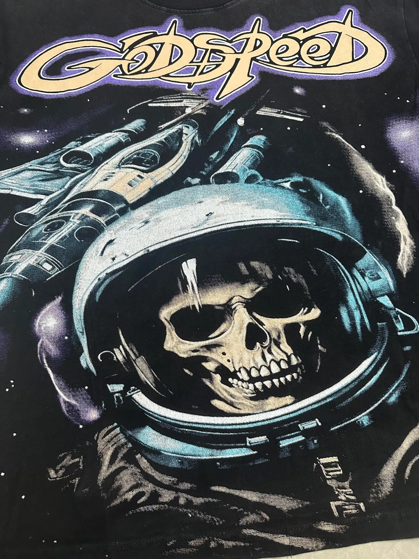 6112#washed black I P116 Godspeed cross-border American rock and roll street washed retro style short-sleeved T (craft printing) fabric (fabric): 32 count combed double yarn 250 grams weight code number (size): S-M-L-XL color (colour): washed black
