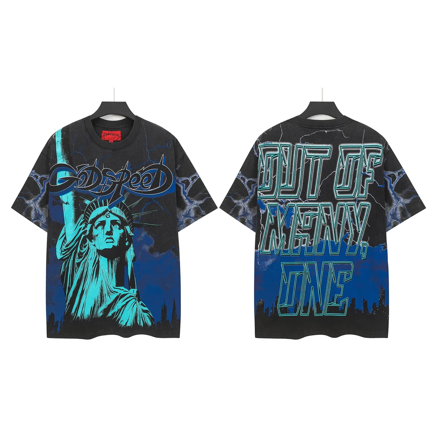 6301# Washed black-blue I P116 Real stock (American fashion niche) Godspeed cross-border American rock street washed retro style short-sleeved T (craft printing) Fabric (fabric): 32 counts combed double yarn 250 grams weight Size (size): S-M-L-XL Color (colour): Washed black-blue