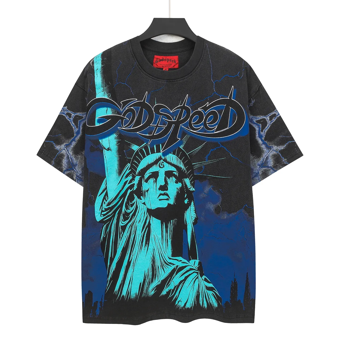 6301# Washed black-blue I P116 Real stock (American fashion niche) Godspeed cross-border American rock street washed retro style short-sleeved T (craft printing) Fabric (fabric): 32 counts combed double yarn 250 grams weight Size (size): S-M-L-XL Color (colour): Washed black-blue