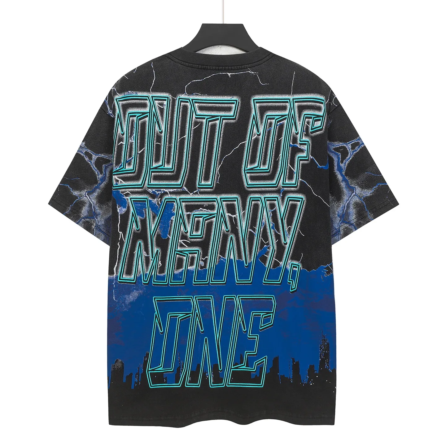 6301# Washed black-blue I P116 Real stock (American fashion niche) Godspeed cross-border American rock street washed retro style short-sleeved T (craft printing) Fabric (fabric): 32 counts combed double yarn 250 grams weight Size (size): S-M-L-XL Color (colour): Washed black-blue