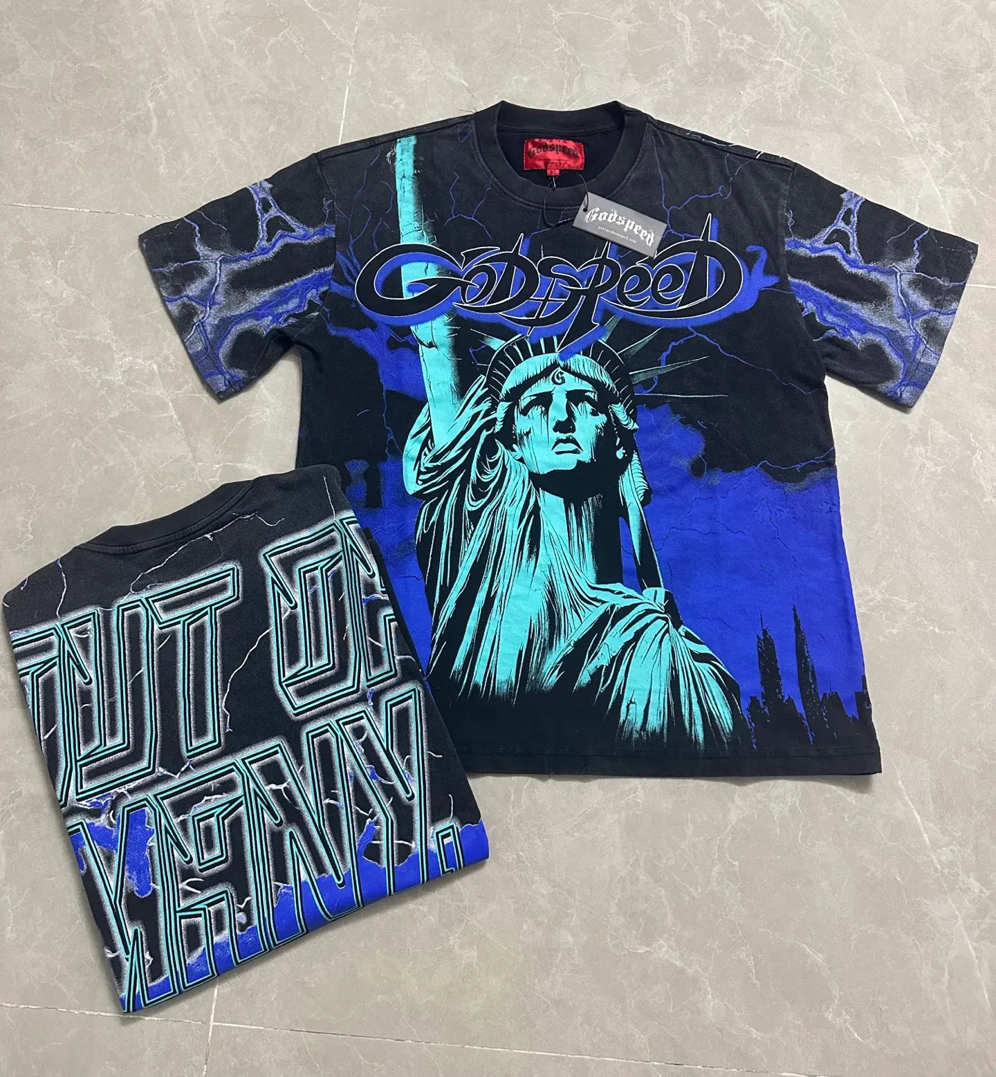 6301# Washed black-blue I P116 Real stock (American fashion niche) Godspeed cross-border American rock street washed retro style short-sleeved T (craft printing) Fabric (fabric): 32 counts combed double yarn 250 grams weight Size (size): S-M-L-XL Color (colour): Washed black-blue