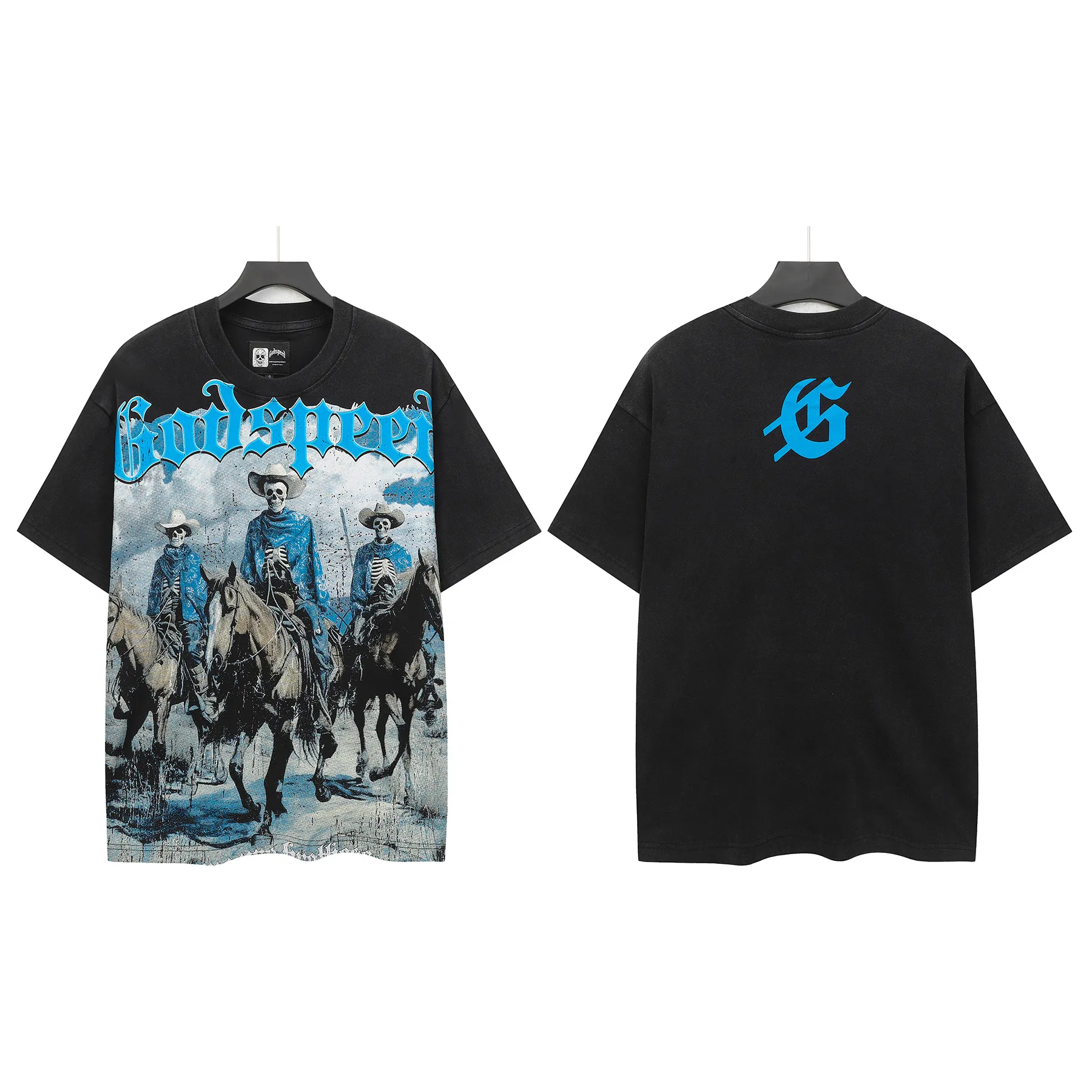 6310# Washed black I P116 Real stock (American fashion niche) Godspeed cross-border American rock street washed retro style short-sleeved T (craft printing) Fabric (fabric): 32 counts combed double yarn 250 grams weight Size (size): S-M-L-XL Color (colour): Washed black